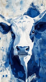 Monochrome blue cow portrait uses vector strokes and splatter layers