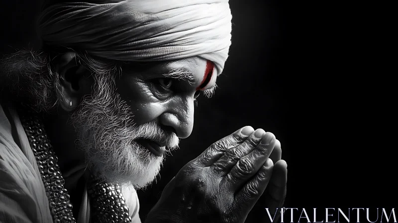 Elderly man in turban with folded hands in profile view.