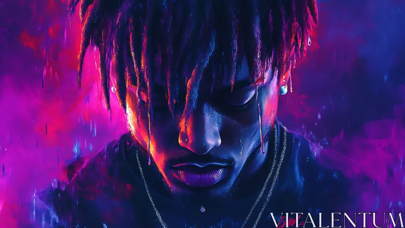 Neon-lit portrait of pensive man in magenta and cyan glow