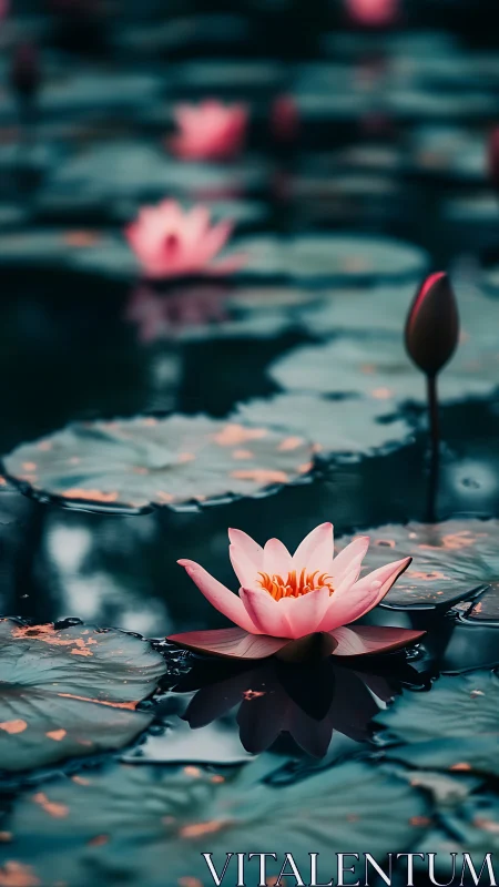 Midnight lily whisper on a teal and rose-tinted pond.