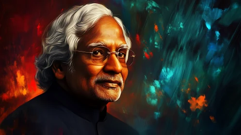 Wise elder in glowing colors against swirling twilight sky.