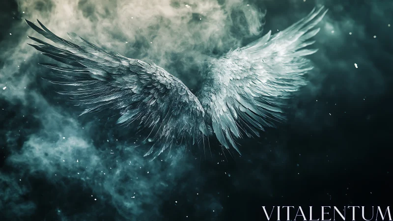 Symmetrical feathered wings extend within a dense smoky field