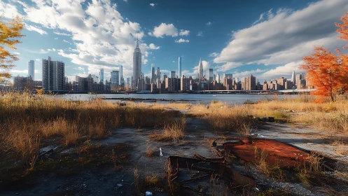 Urban skyline observed across overgrown riverside foreground