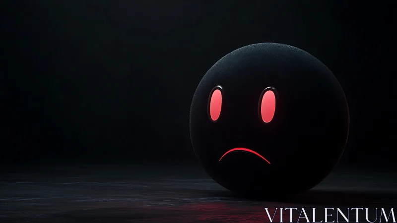 Luminous sad-face sphere in low-key volumetric studio light.