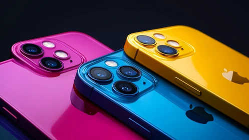 Neon gloss trio of candy-colored smartphones in bold orbit.