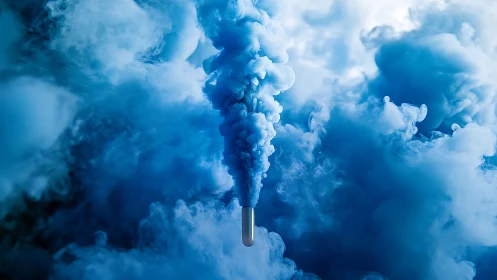 Blue chemical plume billows from test tube in dense vapor