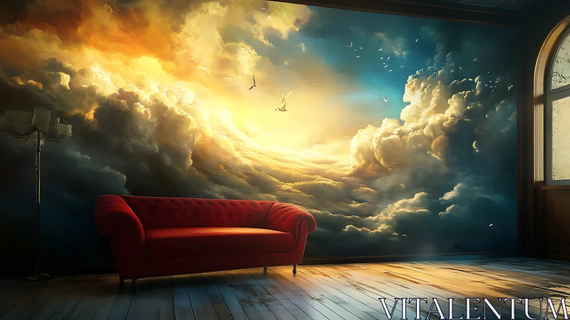 Crimson sofa adrift before a sunlit ocean of storm clouds.