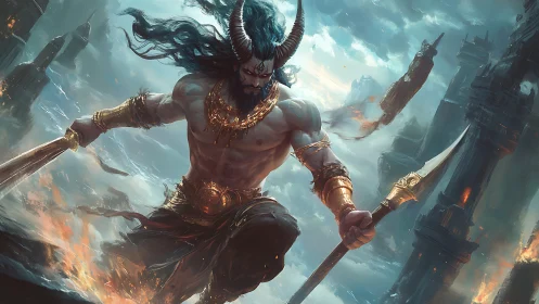 Horned warrior strides through ruined towers in stormed sky