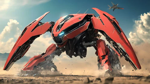 Angular red combat mech advances across arid battlefield