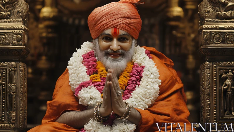 Elderly Hindu guru in orange robe with folded hands.