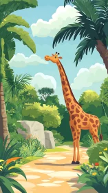 Cartoon giraffe standing on jungle path in bright daylight.