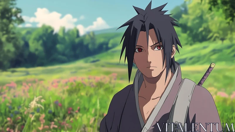 Anime swordsman in muted robes within verdant meadow scene.