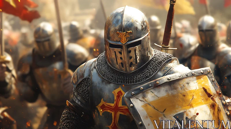 Armored crusader advances through battlefield in dynamic digital art