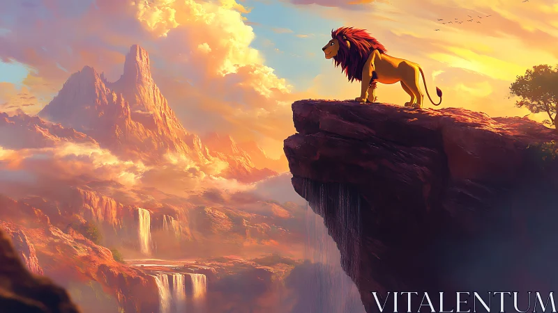 Sunrise crowns a proud lion watching waterfalls below