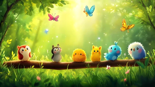 Cute Cartoon Birds on Forest Branch in Sunlight, Whimsical Style.