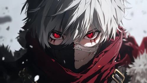 Crimson‑eyed masked wanderer in a storm of falling ash.