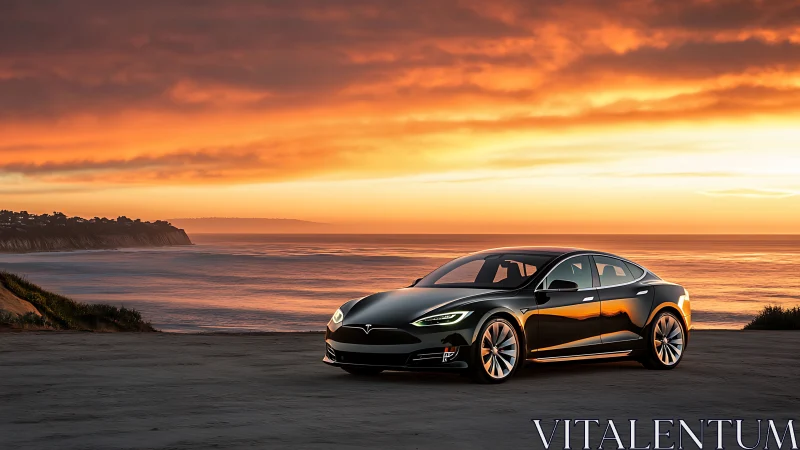Electric sedan is parked near coastal overlook at sunset