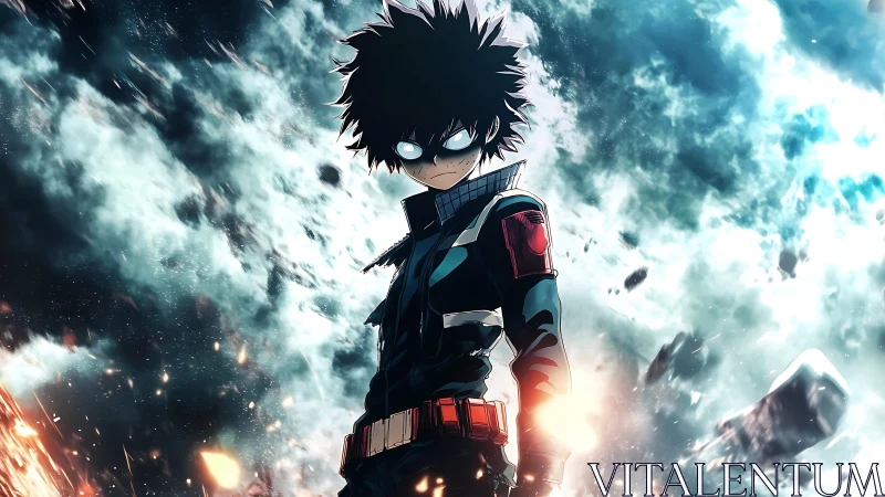 Brooding anime hero stands defiant amid a storm of power