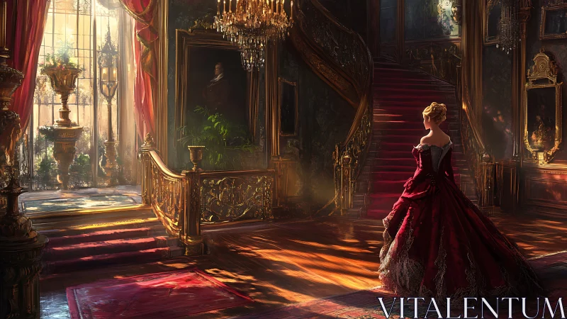 Woman in red gown stands in ornate sunlit palace foyer