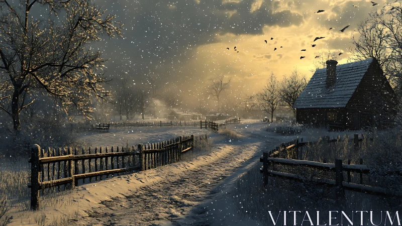 Snow covered rural path with wooden fences and cabin at dusk.