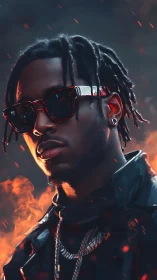 Stylish man in sunglasses amid flames and ember sparks.