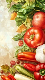 Vertical arrangement of assorted vegetables on textured ground.