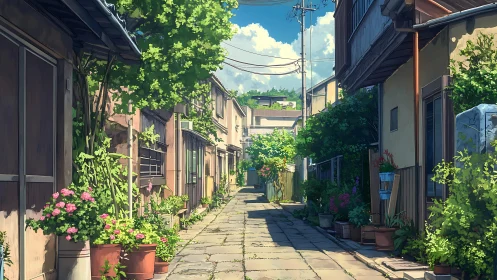 Sunlit residential alleyway with dense container vegetation.