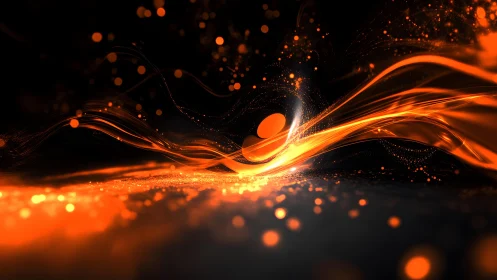Abstract orange energy waves with glowing particles in motion.