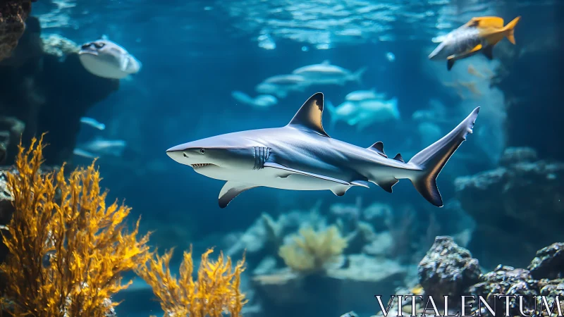 Graceful reef shark gliding through sunlit aquarium reef.