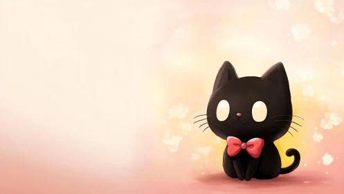Black cartoon cat with red bow on pastel background.