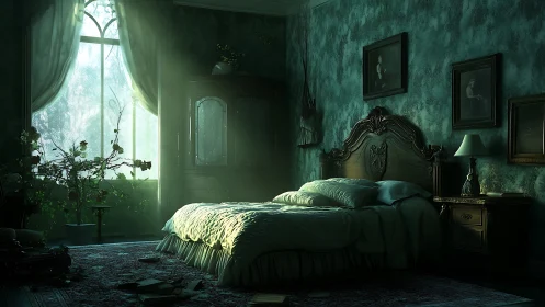 Moody digital painting of a Victorian bedroom with soft light.