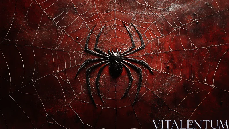 Black spider centered on symmetrical web over red field.