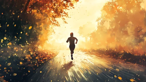 Silhouetted runner advances through luminous autumn forest corridor