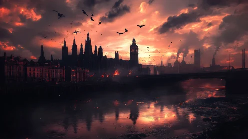 Moody riverside city at sunset wrapped in glowing embers.