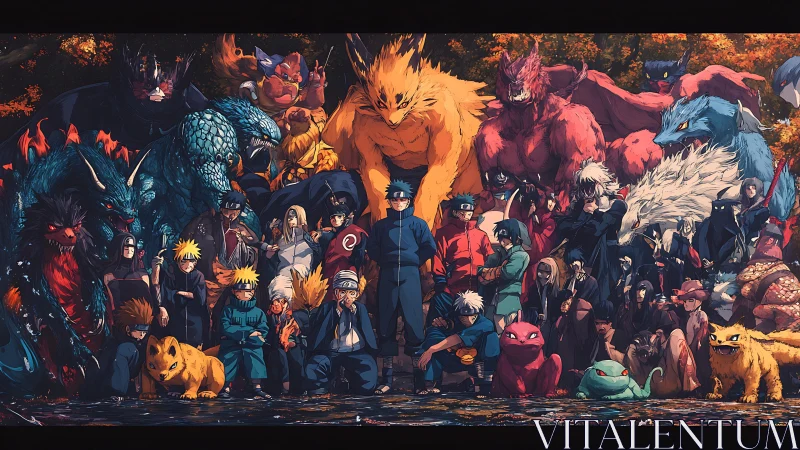 Panoramic lineup of stylized ninja warriors and tailed beasts in autumn