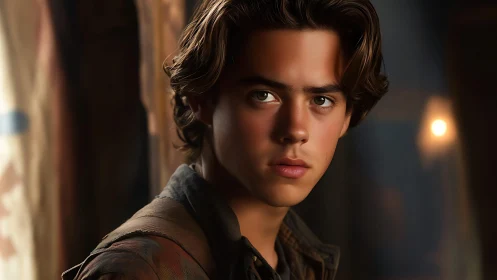 Serious young man in warm, low light portrait scene.