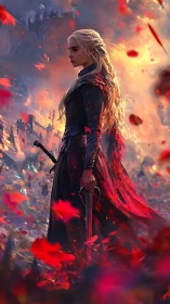 Warrior queen strides through burning crimson battlefield.