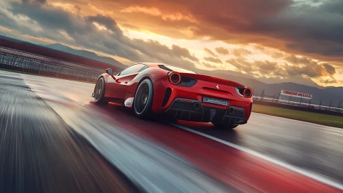 Red sports coupe on wet racetrack at sunset in motion.