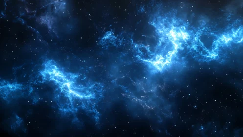 Electric blue nebula arcs across deep star field sky.