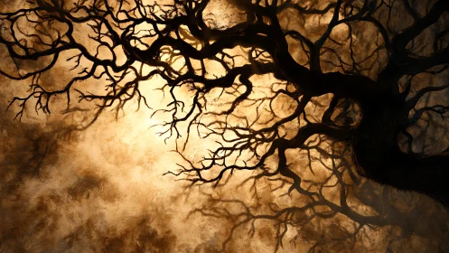 Silhouetted tree branches against textured golden sky.