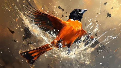 Molten-orange songbird shatters the canvas with painted flight