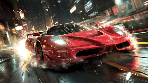 Red supercar accelerates through wet neon city street at night