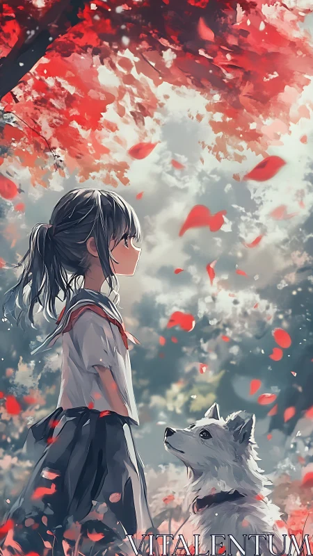 Side-profile anime girl and dog under red maple canopy