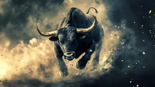 Charging bull rendered in smoky, high contrast environment