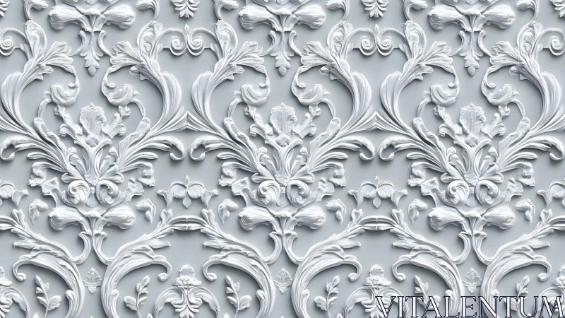 Ornate Baroque Floral Pattern in White Relief on Gray Background.