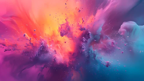 Chromatic particulate nebula burst in fluid dynamic space.