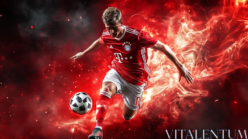 Soccer player drives ball through blazing red energy vortex