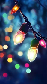 Colorful string lights with glowing bokeh background at dusk.
