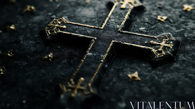Metal cross with gold inlay lies on textured dark stone