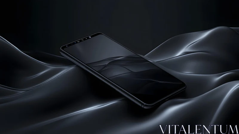 Sleek modern smartphone on glossy black silk, minimalist style.